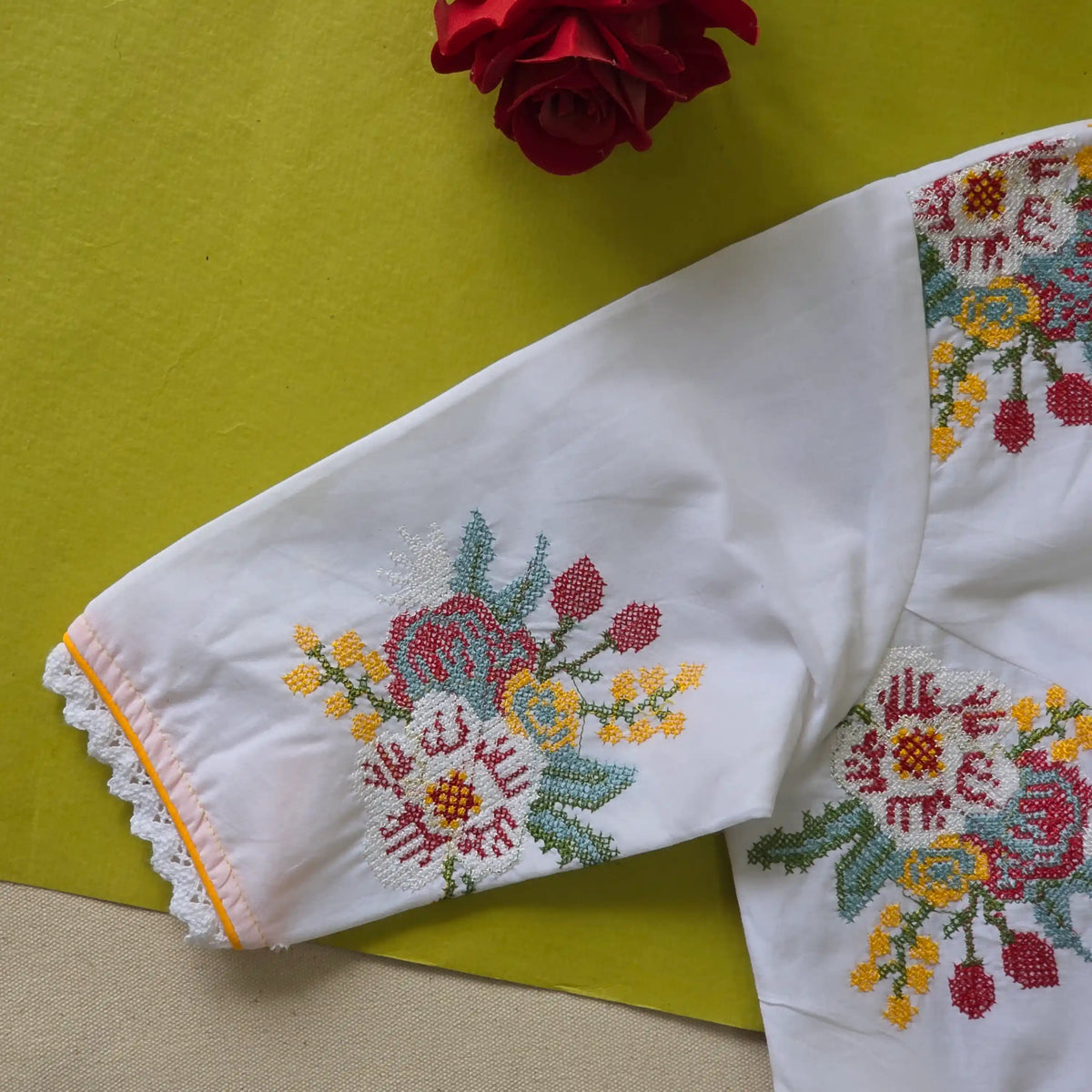 White Cotton Cross Stitch Sleeveless Blouse