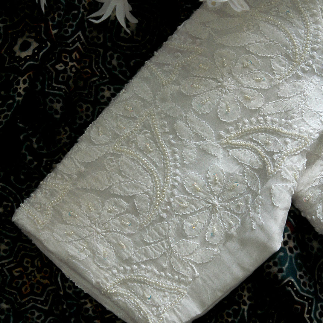 White Chikankari Beads work Blouse