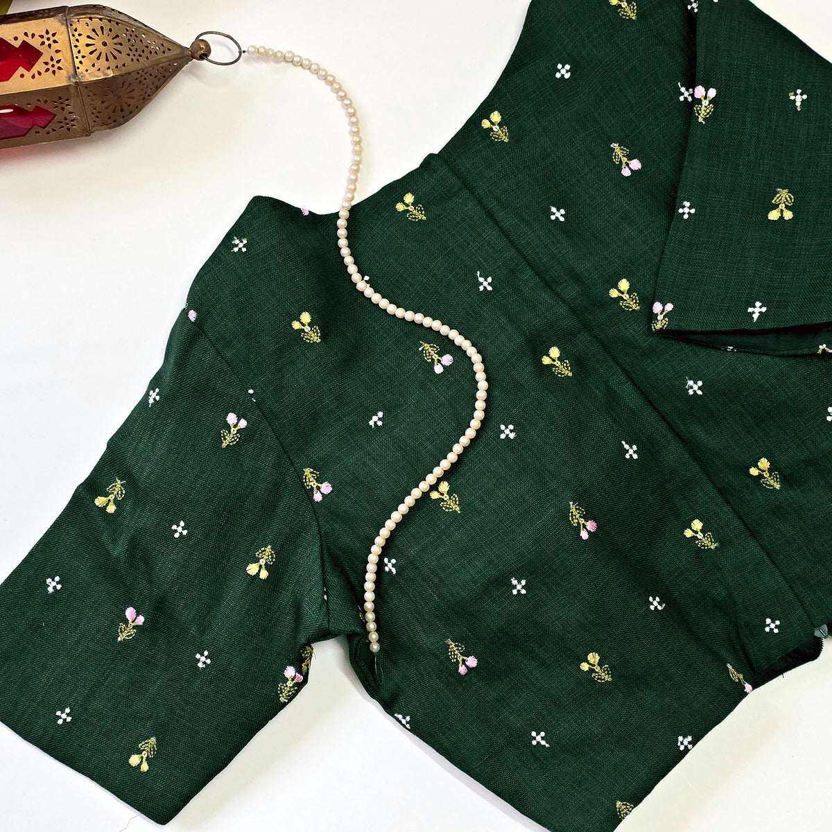 Bottle Green Linen Cotton Embroidered Blouse
