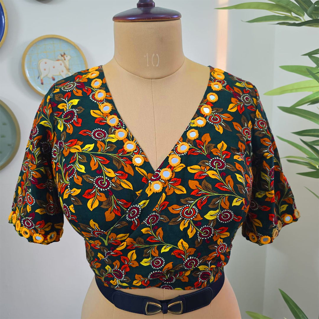 Bottle Green Floral Self Adjustable Blouse with Sleeves