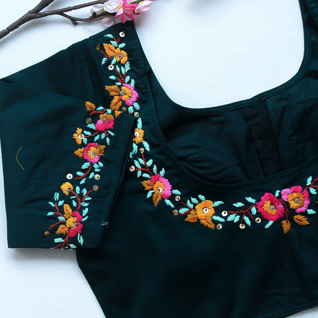 Teal Blue Rose Cotton Blouse