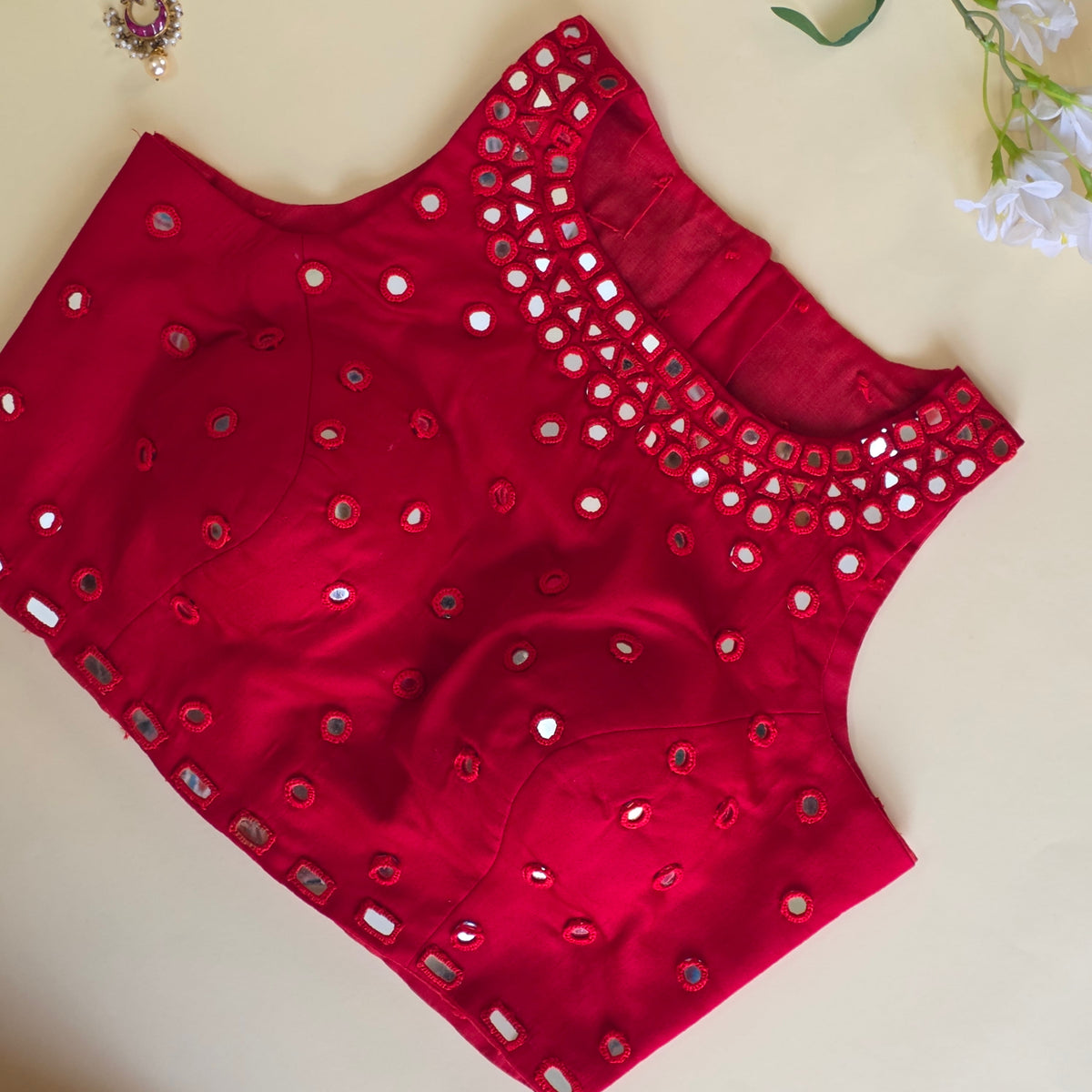 Red Mirror Work High Neck Blouse