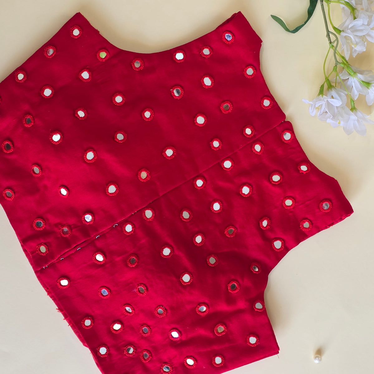 Red Mirror Work High Neck Blouse