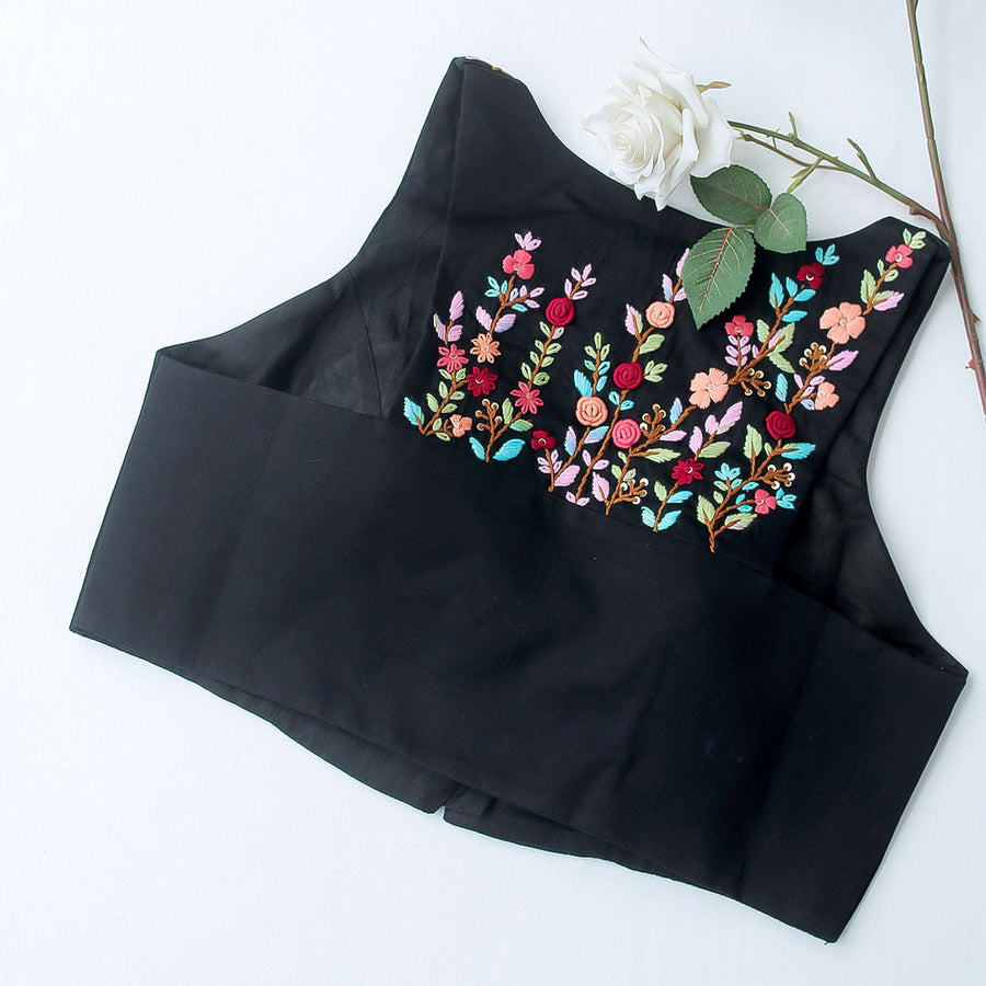 Black Cotton Silk Hand Embroidered Halter Neck Blouse