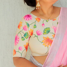 Model wearing beige Pichwai hand-painted tussar silk blouse with saree