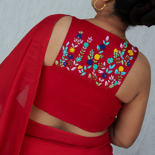 Red Cotton Silk Hand Embroidered Racer Neck Blouse