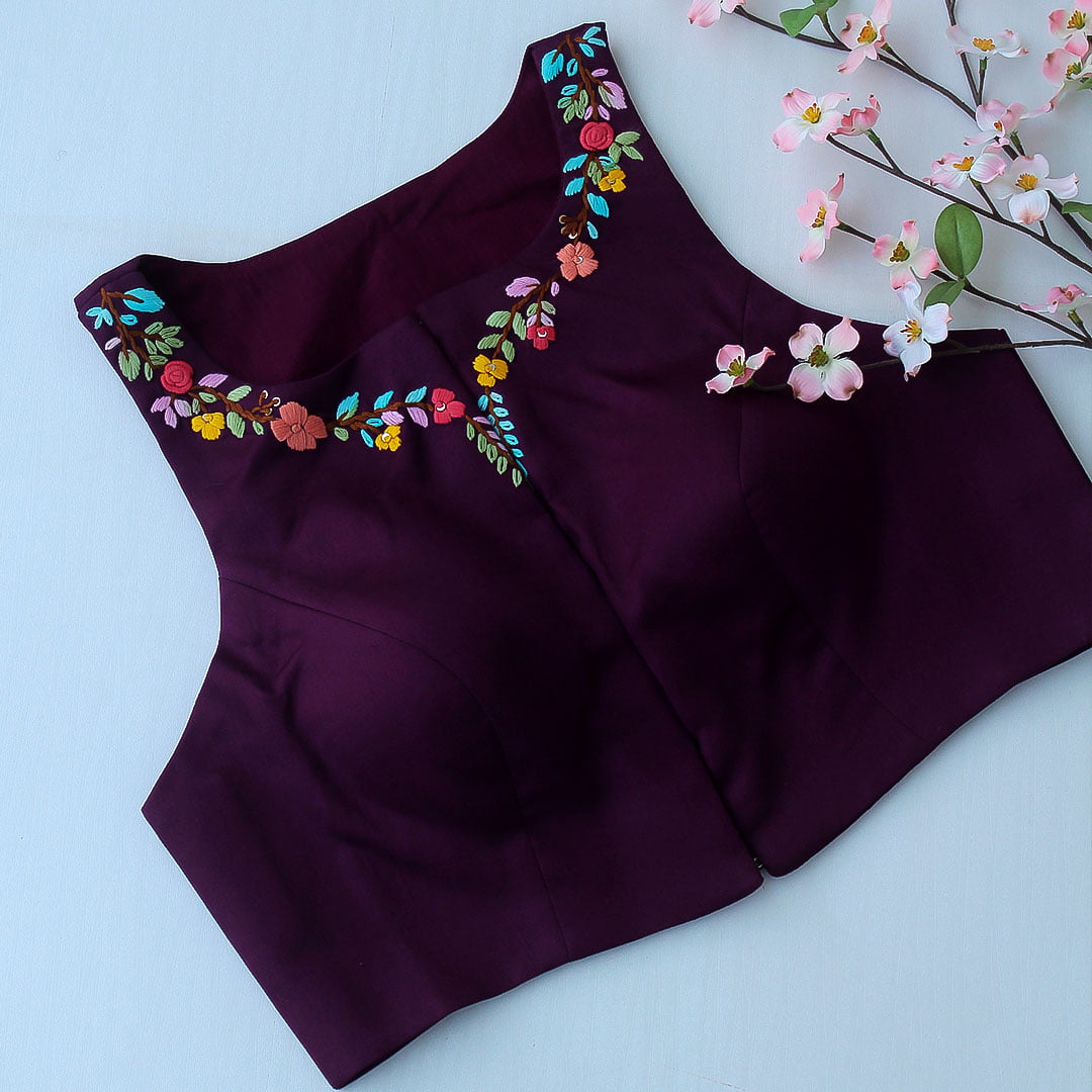 Wine Cotton Silk Hand Embroidered Racer Neck Blouse