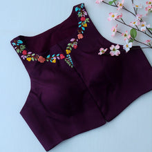 Wine Cotton Silk Hand Embroidered Racer Neck Blouse