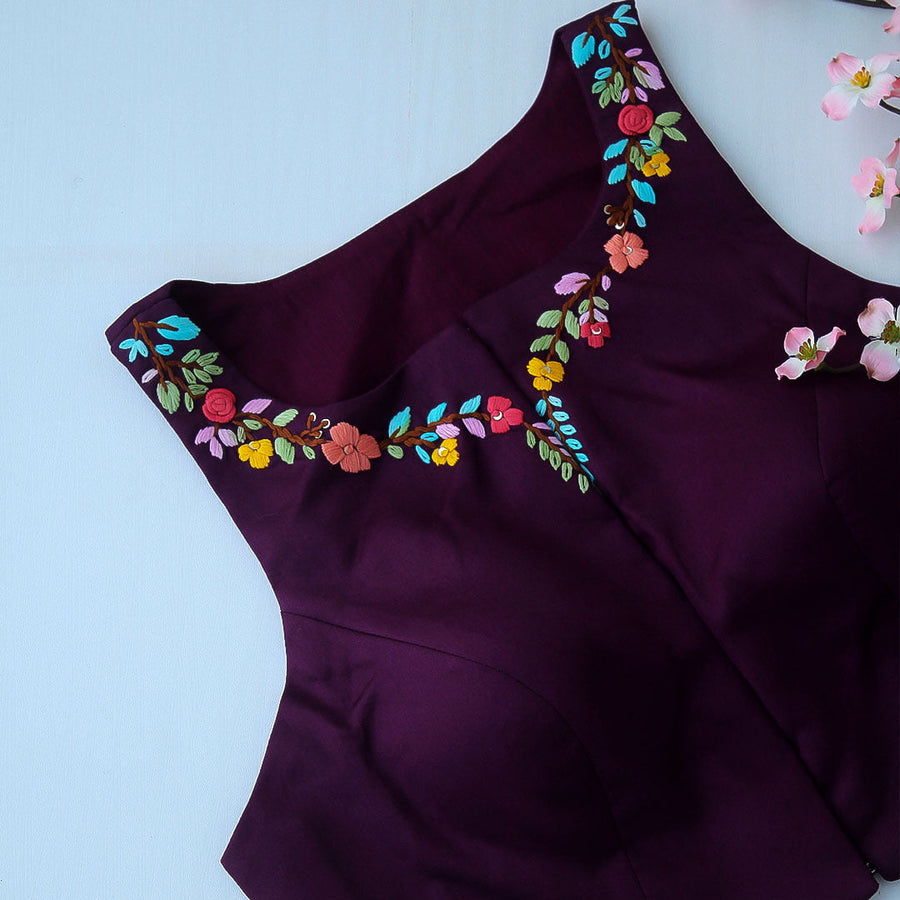 Wine Cotton Silk Hand Embroidered Racer Neck Blouse