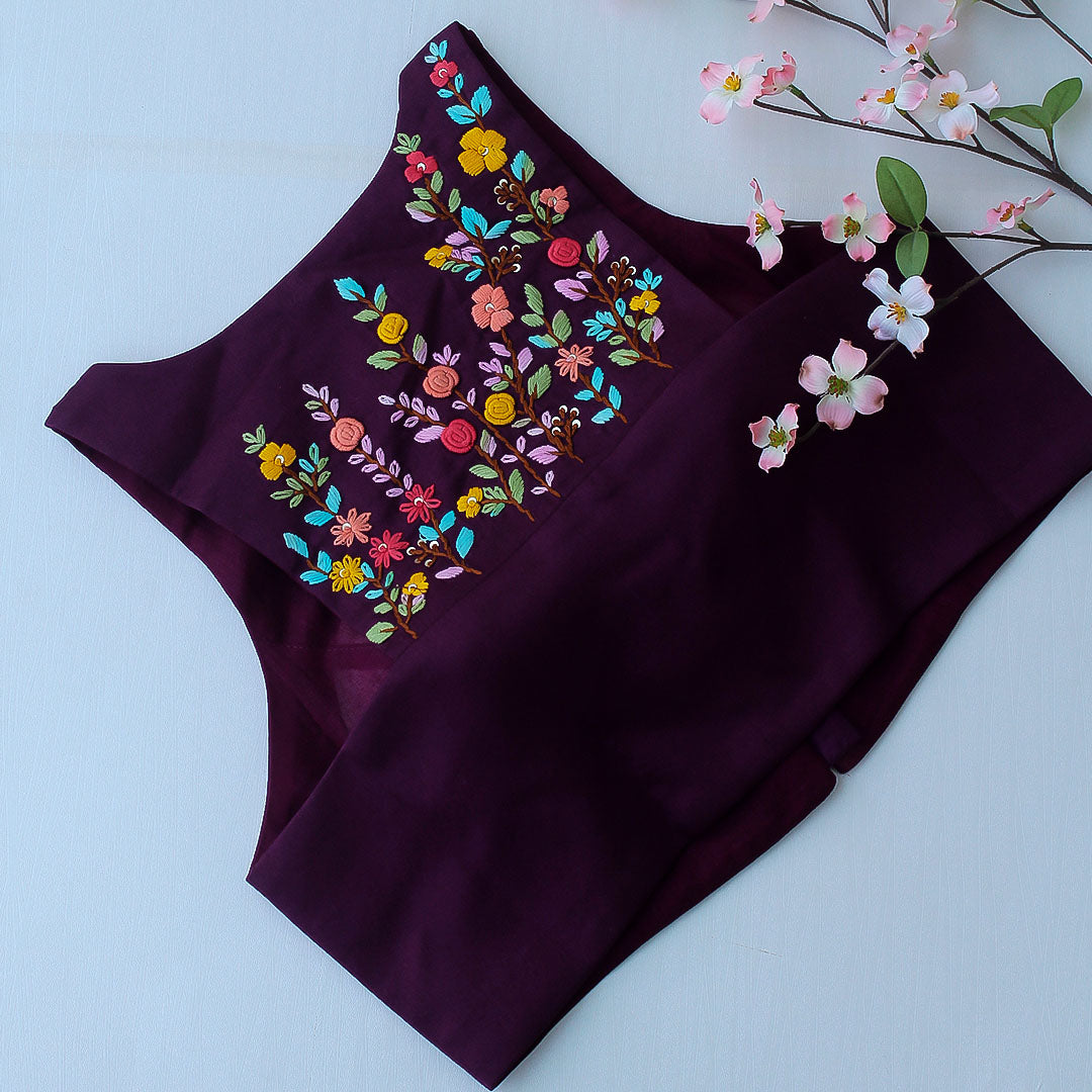 Wine cotton silk halter neck blouse with hand embroidery, front view