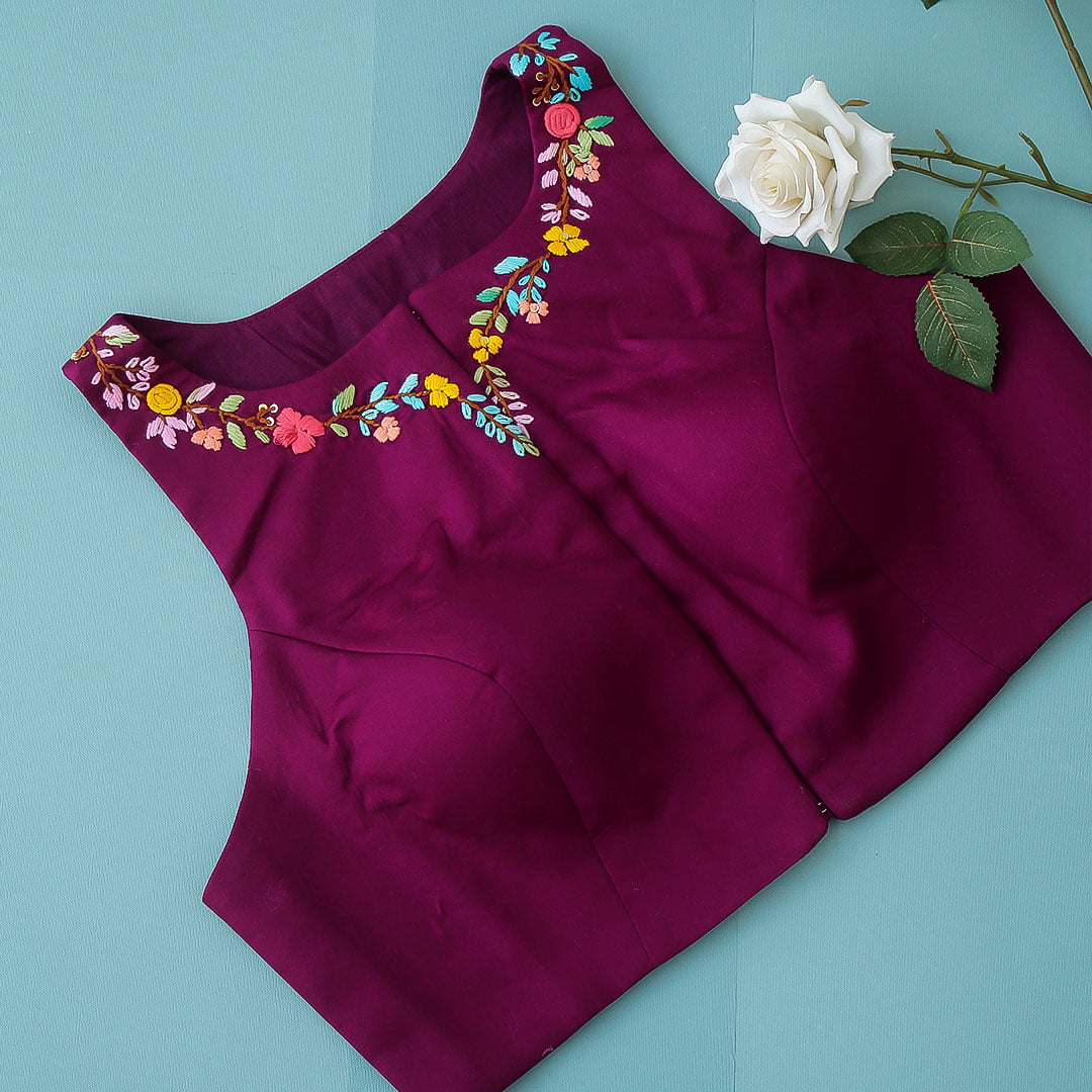 Purple Cotton Silk Hand Embroidered Racer Neck Blouse