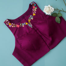 Purple Cotton Silk Hand Embroidered Racer Neck Blouse
