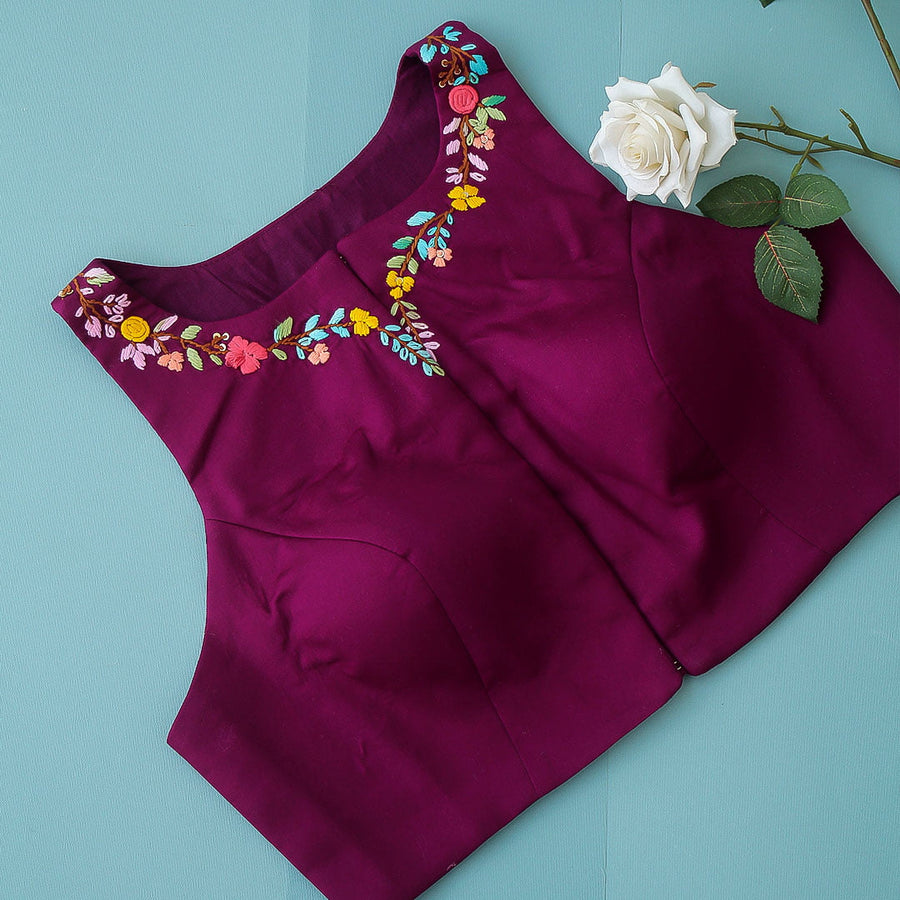 Purple Cotton Silk Hand Embroidered Racer Neck Blouse