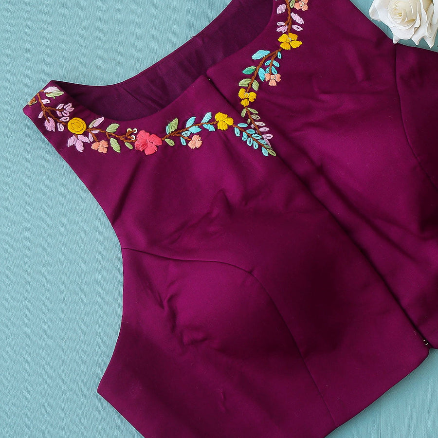 Purple Cotton Silk Hand Embroidered Racer Neck Blouse