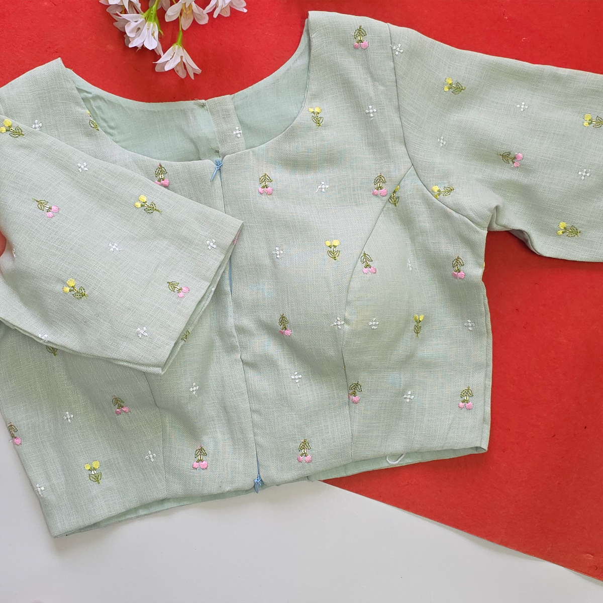 Sea Green Linen Embroidered Floral Blouse