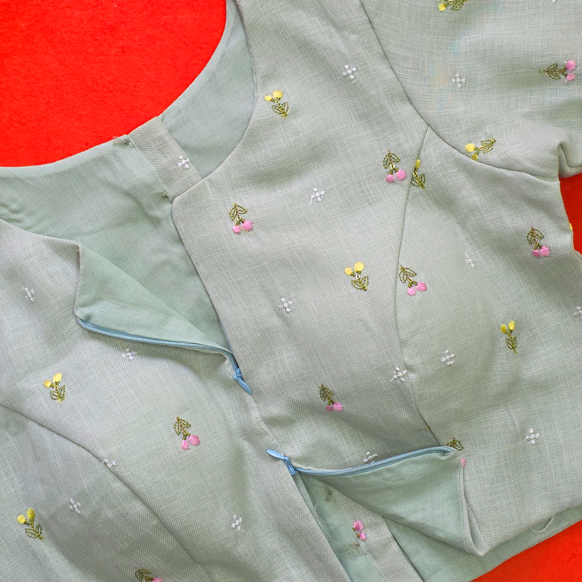 Sea Green Linen Embroidered Floral Blouse