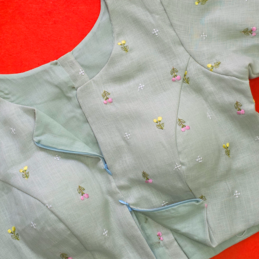 Sea Green Linen Embroidered Floral Blouse
