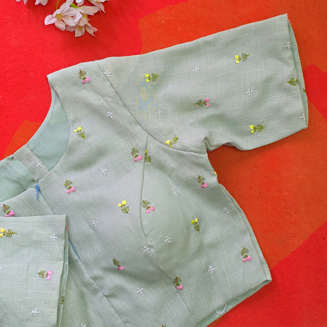 Sea Green Linen Embroidered Floral Blouse