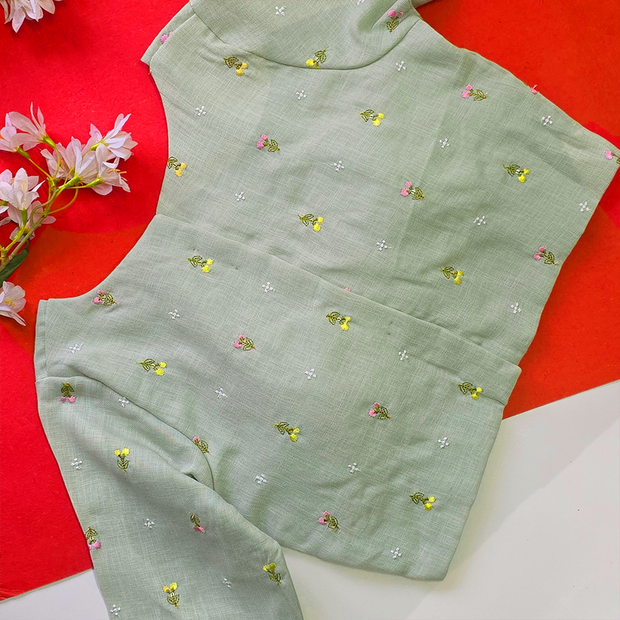 Sea Green Linen Embroidered Floral Blouse