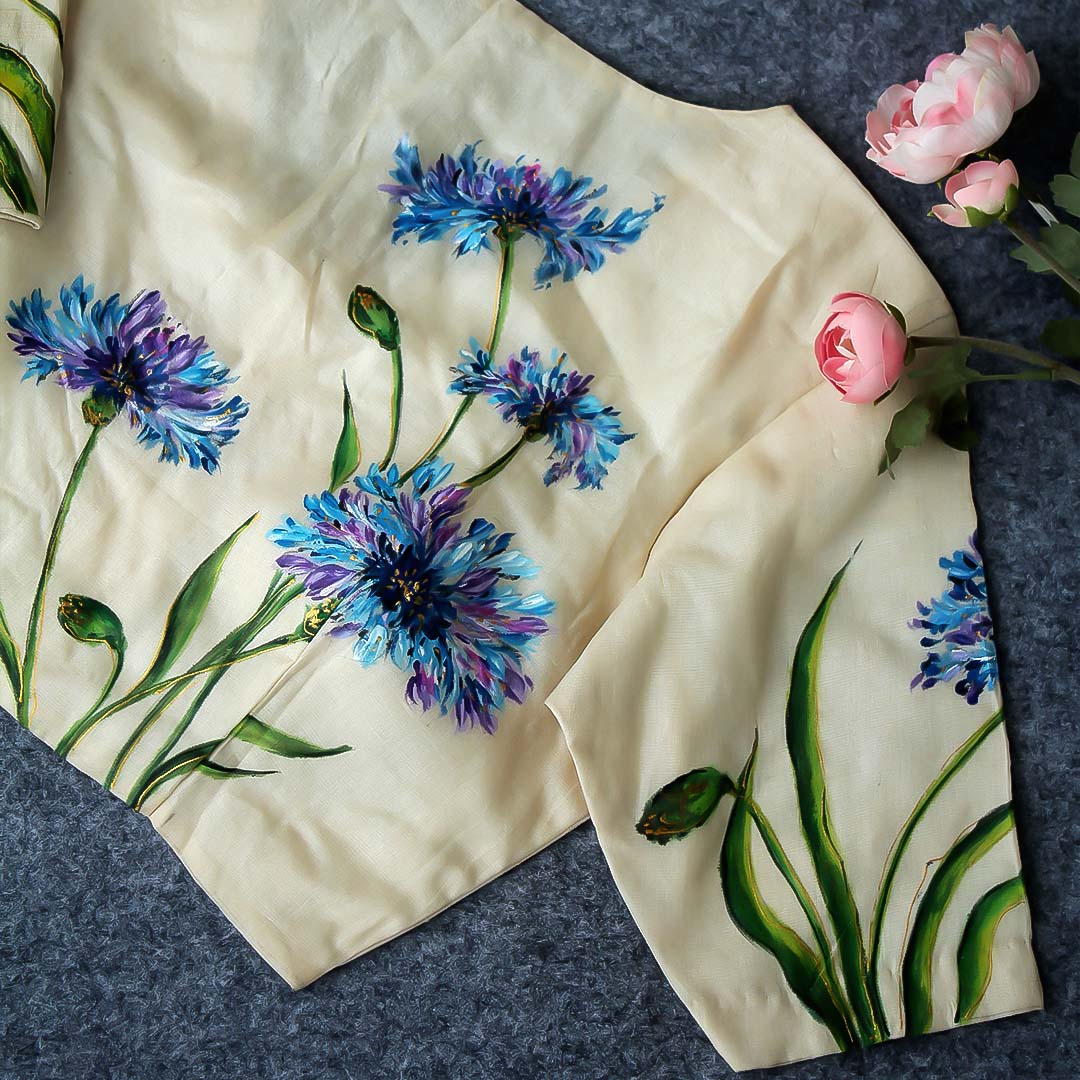 Beige tussar silk blouse with hand-painted aster flowers, front view