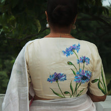 Model wearing hand-painted aster tussar silk blouse with saree