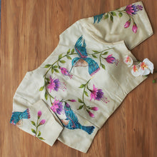V neck detail of beige tussar silk hand-painted blouse