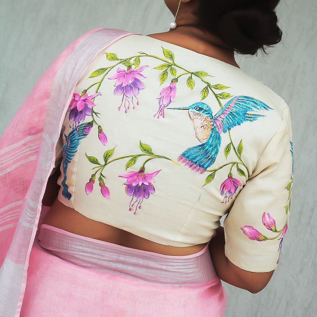 Beige tussar silk blouse with hand-painted hummingbird motif, front view