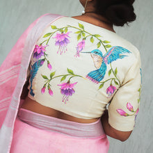 Beige tussar silk blouse with hand-painted hummingbird motif, front view