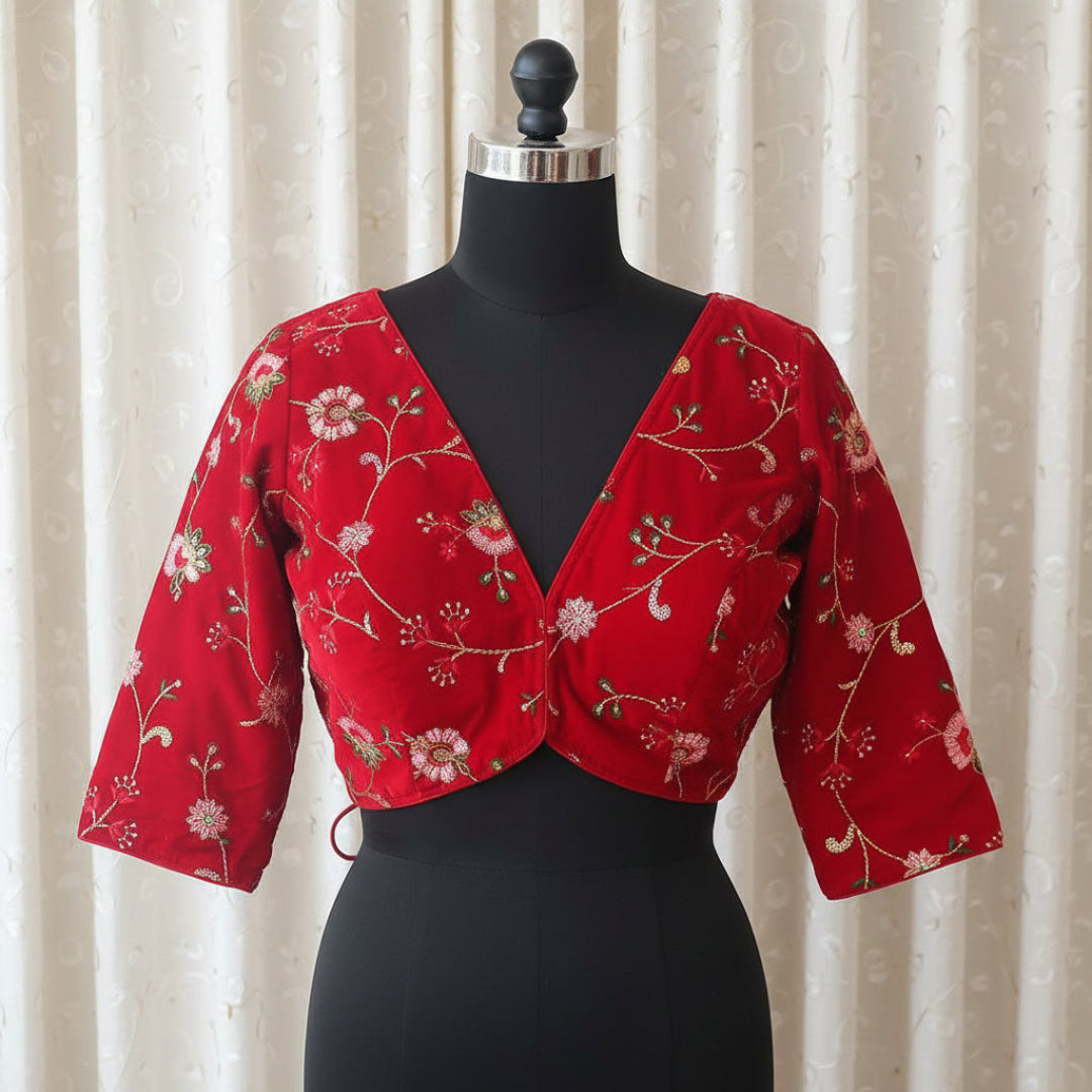 Red Velvet V-Neck  Blouse