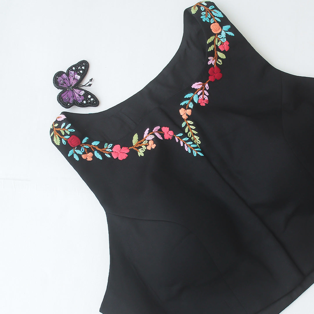 Halter Neck Embroidery Black Blouse