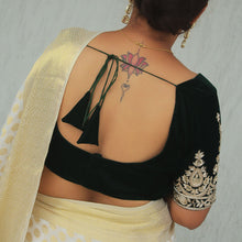 Back view of bottle green velvet blouse with back hook closure