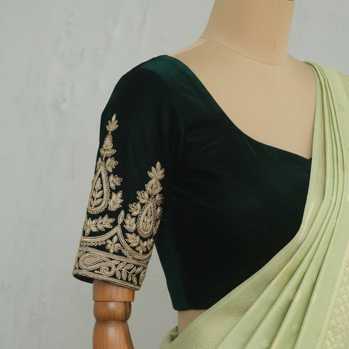 Bottle Green Velvet Square-Neck Blouse