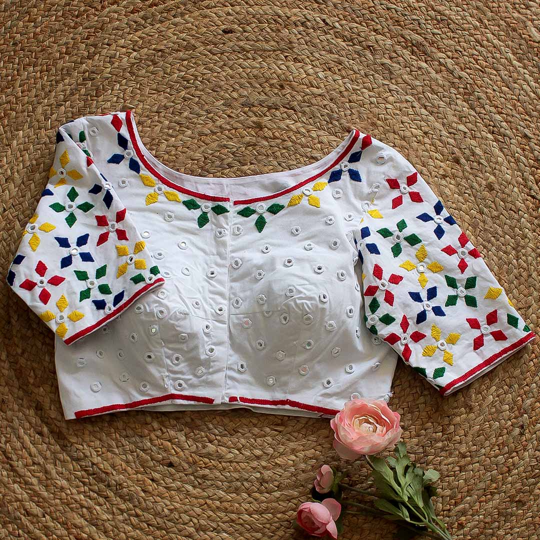 White Multicolor Flower Mirror Blouse