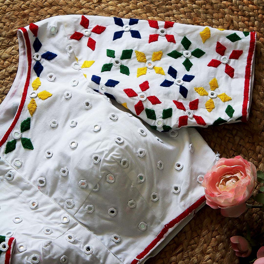White Multicolor Flower Mirror Blouse