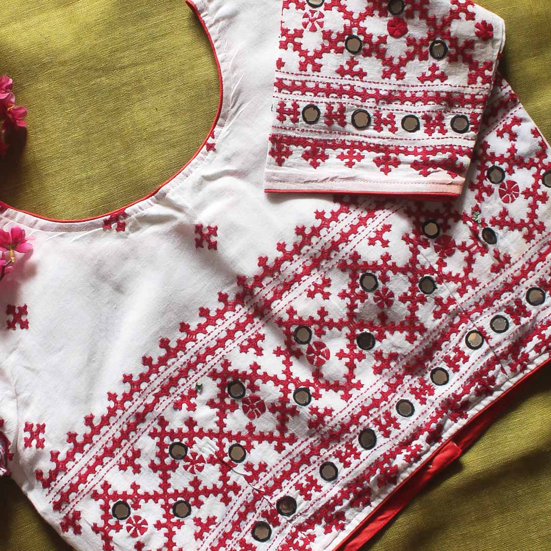 White Cotton Kutch Work  Blouse
