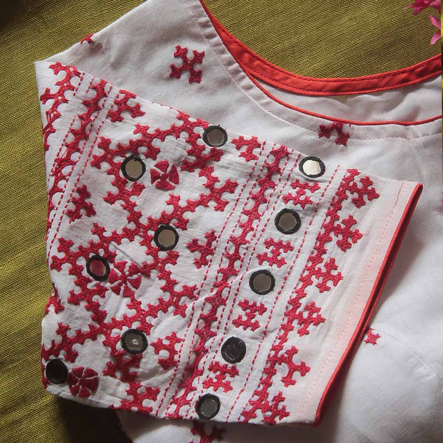 White Cotton Kutch Work  Blouse
