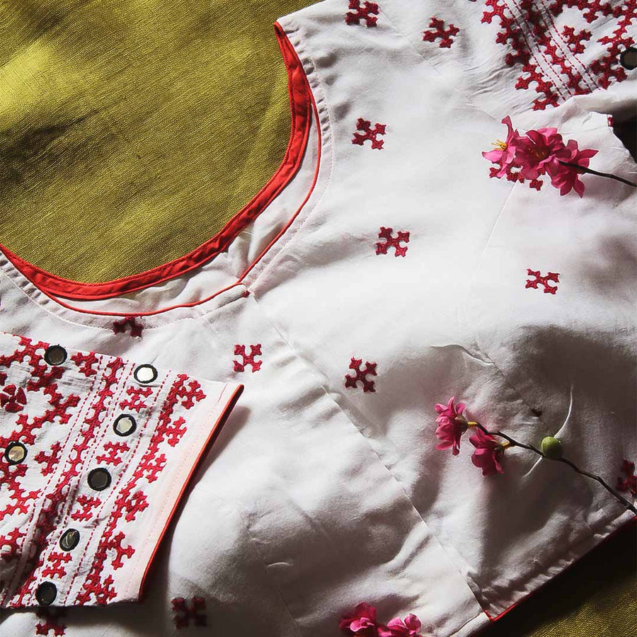 White Cotton Kutch Work  Blouse