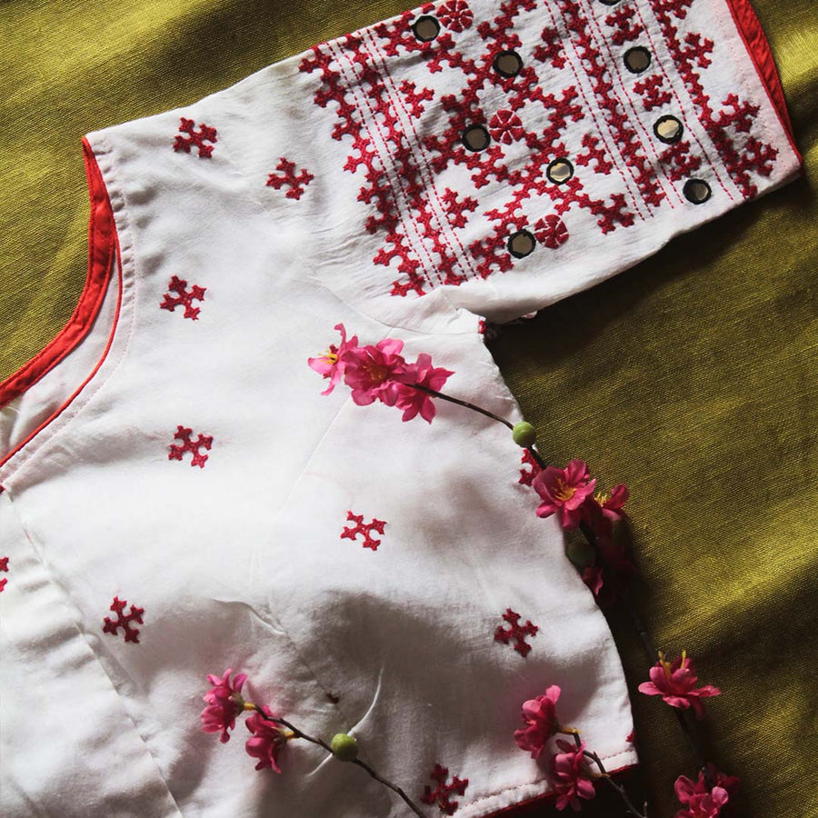 White Cotton Kutch Work  Blouse