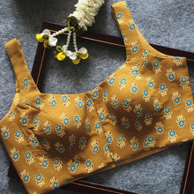 Yellow Naksh printed cotton blouse, sleeveless front view
