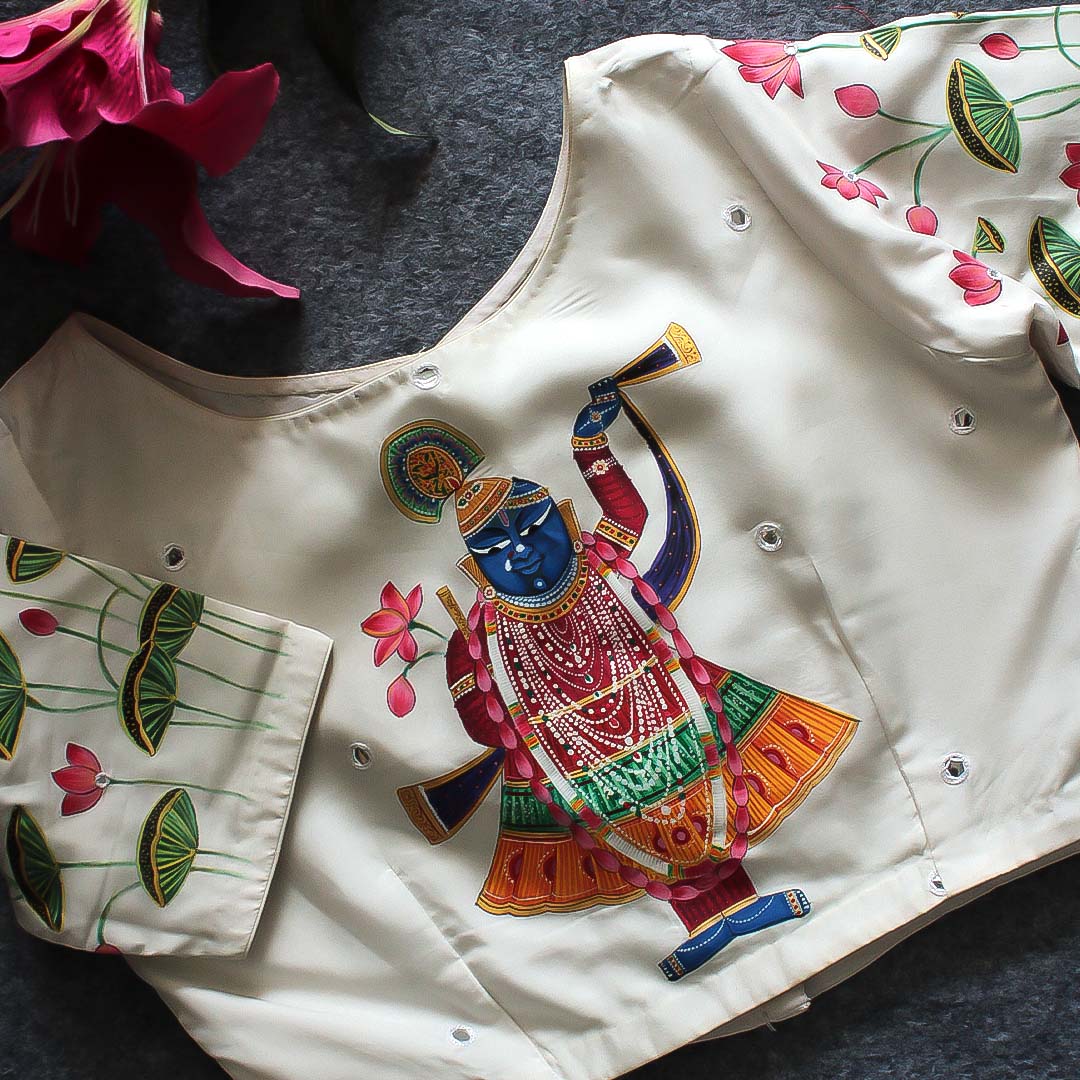 White silk blouse hand-painted with Sree NathJi Pichwai art, front view