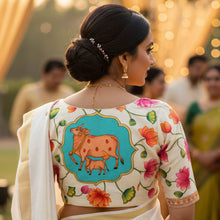 Beige tussar silk blouse with hand-painted Pichwai jaal design, front view