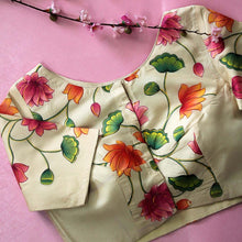 Boat neck detail of hand-painted Pichwai tussar silk blouse