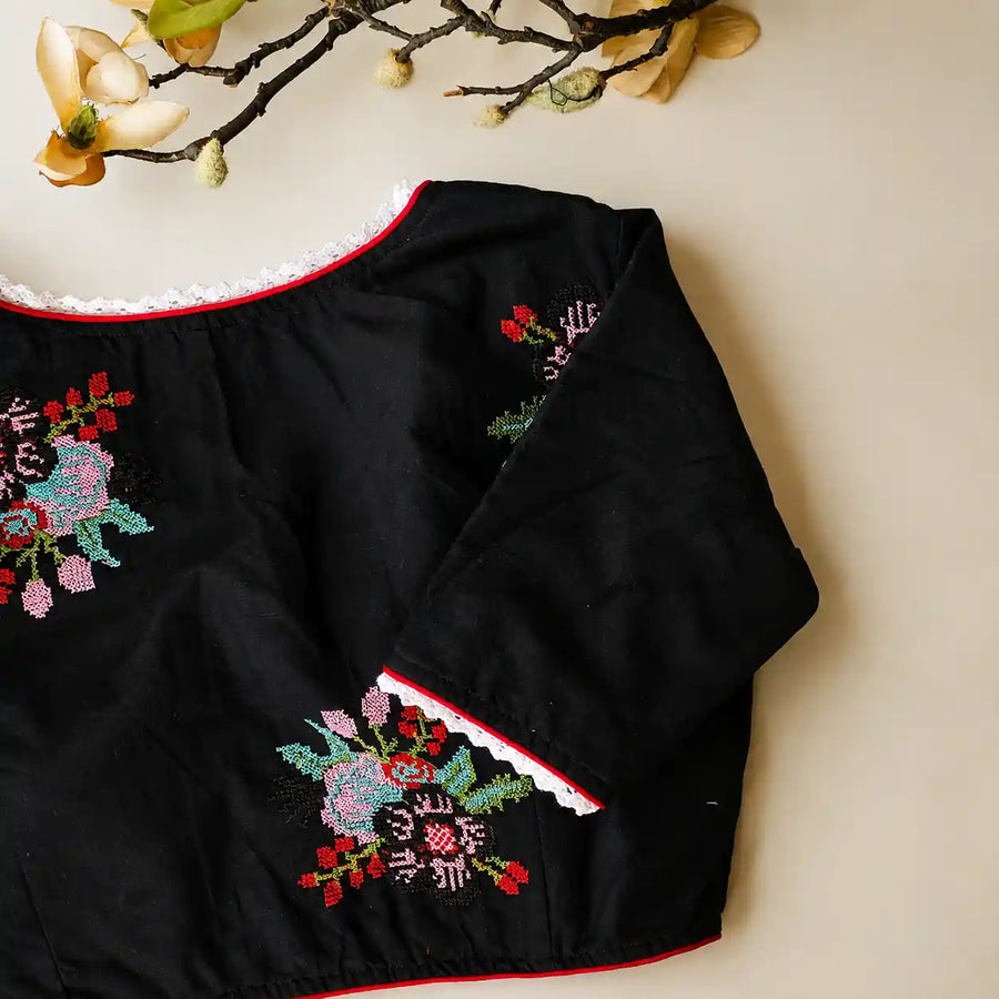 Black Cotton Cross Stitch Embroidered Blouse