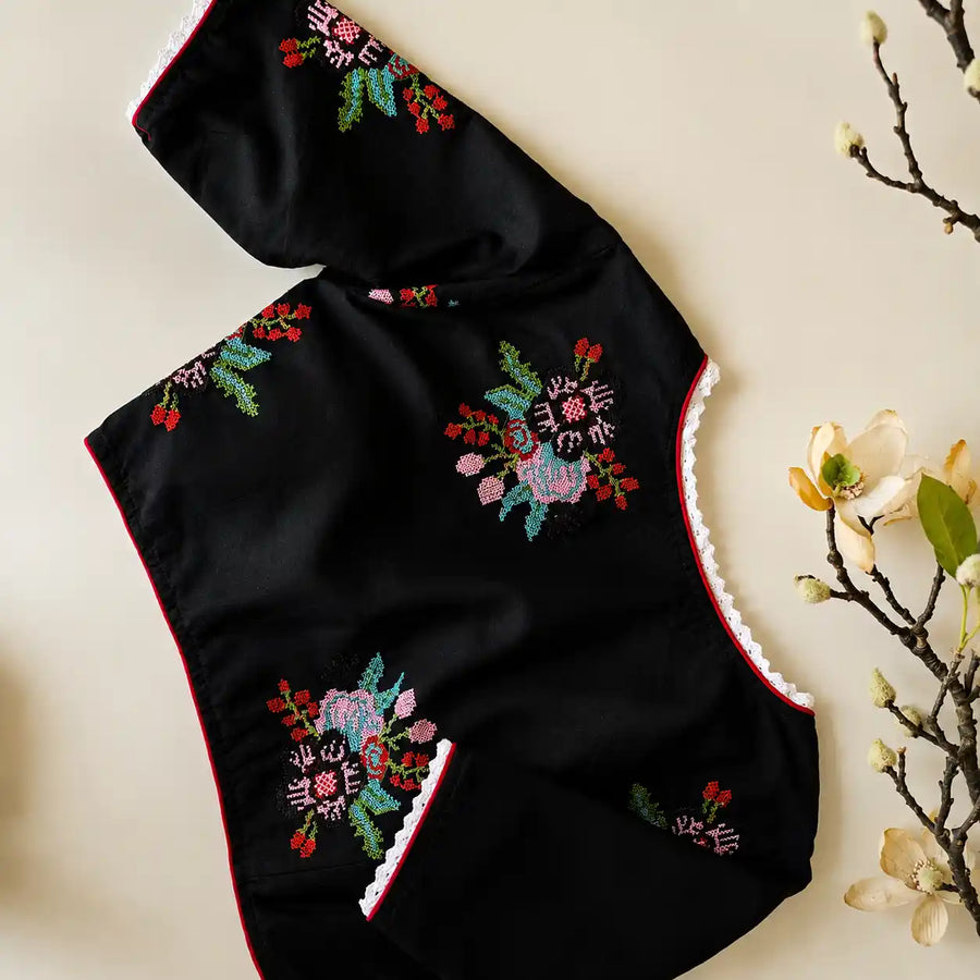 Black Cotton Cross Stitch Embroidered Blouse