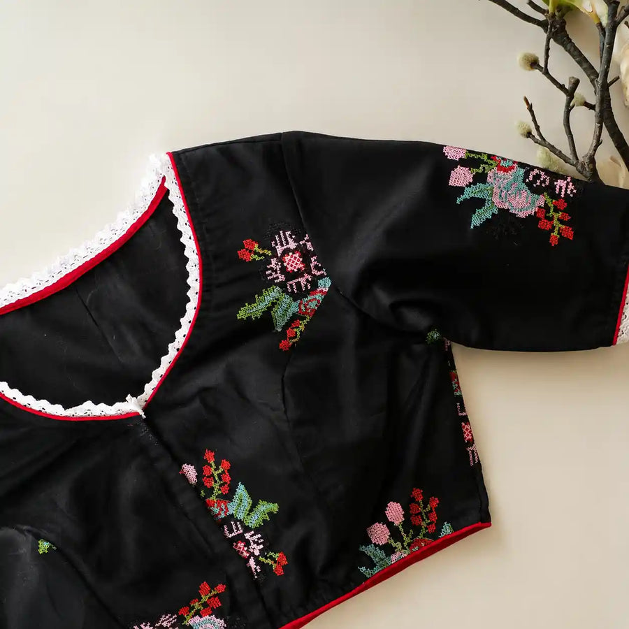 Black Cotton Cross Stitch Embroidered Blouse