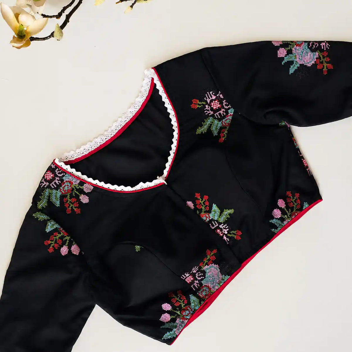 Black Cotton Cross Stitch Embroidered Blouse