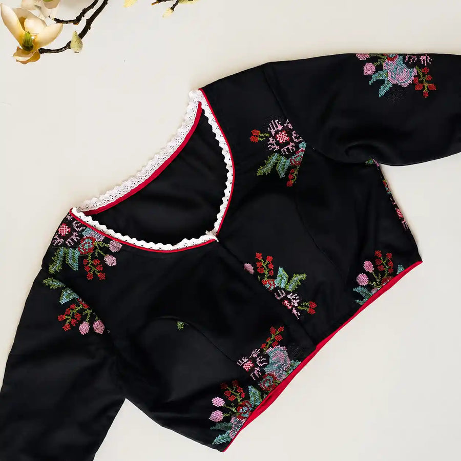 Black Cotton Cross Stitch Embroidered Blouse