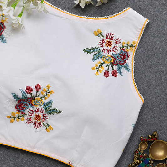 May White Cross stich Work 2 Blouse