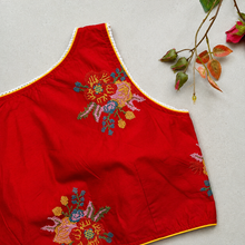 Sleeveless red cross stitch cotton saree blouse