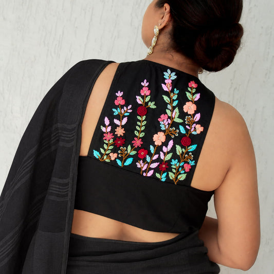 Black Cotton Silk Hand Embroidered Halter Neck Blouse